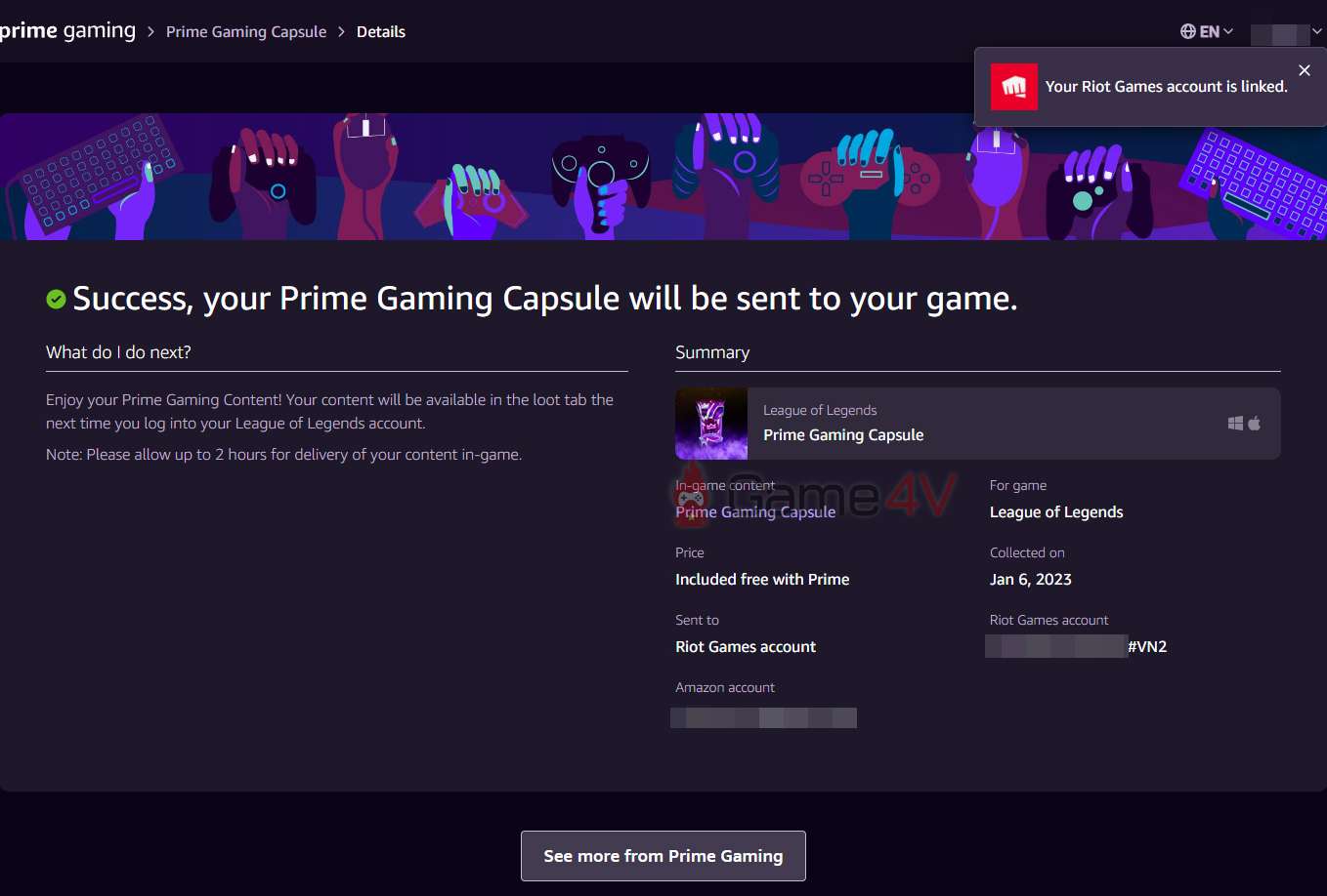 The screen informs that the Prime Gaming Box has been successfully received.