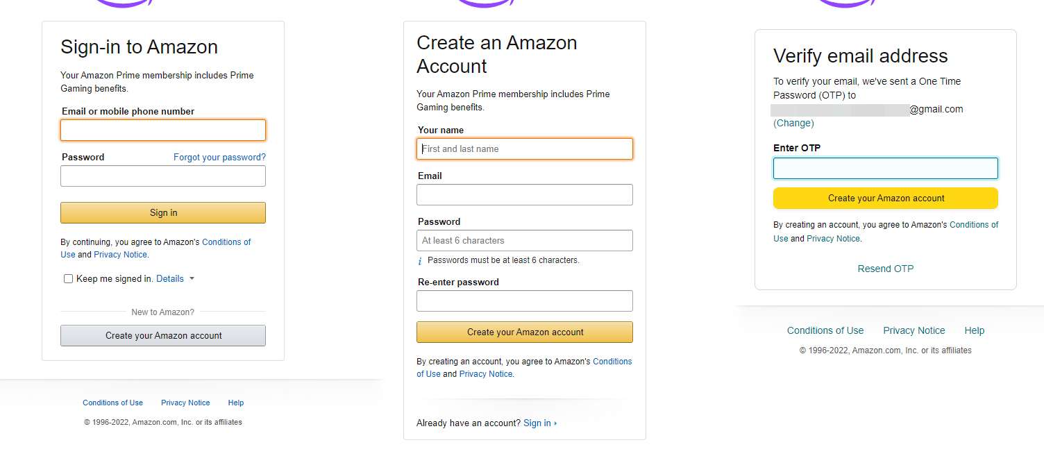 Steps to create an Amazon account.
